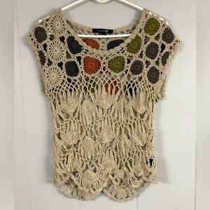 Forever 21 Crochet Knit Woven Boho Grannycore Top Small Cottagecore Patchwork